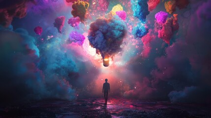 Sticker - A lone figure walks towards a giant lightbulb made of colorful smoke clouds.