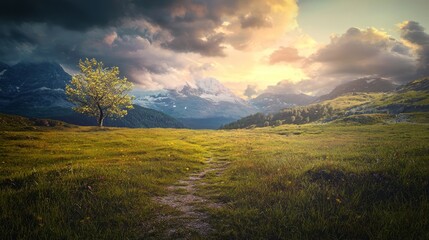 Poster - A lone tree stands tall in a grassy meadow, a winding path leads towards snow-capped mountains under a dramatic sky.