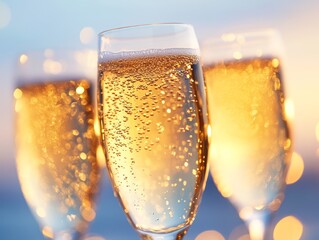 Elegant champagne glasses filled with sparkling beverage, perfect for celebrations and toasting special moments.