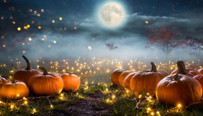 a moonlit pumpkin patch with ethereal fog and twinkling fairy lights; the concept of halloween