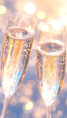 Two elegant champagne flutes filled with sparkling drink, glistening in a festive atmosphere with soft bokeh lights.