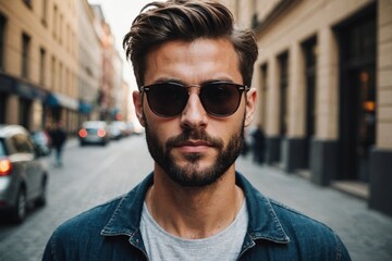 Portrait of handsome confident stylish hipster  model wearing dark sunglasses