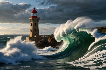 Wall Mural - Waves crashing around lighthouse, Santander, Cantabria, Spain