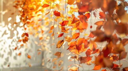 Poster - A close-up shot of a string of dried leaves hanging in a window. The leaves are orange and red, and the sunlight shines through them, casting a warm glow.