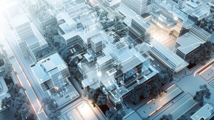 Poster - A futuristic cityscape is shown from an aerial perspective. The buildings are connected by glowing lines, creating a network of data flow. Trees line the streets, offering a natural contrast to the ur
