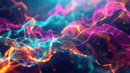 Leinwandbilder - A digital abstract image of swirling, colorful lines and glowing particles on a dark background. The colors include pink, blue, and orange.