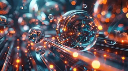 Poster - a digital abstract image featuring multiple glowing spheres surrounded by luminous lines in a dark a