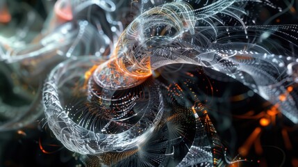 Poster - An abstract image features a dynamic swirl of white and orange lights on a black background. The lights form a complex pattern of overlapping circles and lines, creating a sense of movement and energy