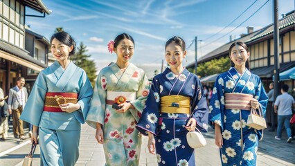 Sticker - women tourist dress kimono walking in street