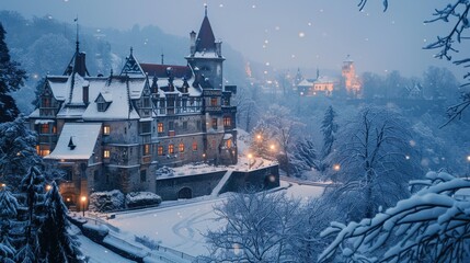 Aufkleber - The image showcases a large, snow-covered castle nestled in a forest. The castle has a distinctive architectural style with turrets and pointed roofs. The trees are draped in snow, creating a pictures
