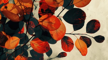 Poster - A branch with red and dark leaves hangs against a white background. The leaves are mostly red, but some are dark green and have a reddish tint. The branch is thin and brown, and the leaves are all fac