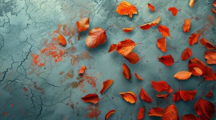 Poster - A close-up image of an array of reddish-orange leaves scattered on a textured blue surface. The leaves are in various shapes and sizes, some partially overlapping, suggesting they have recently fallen