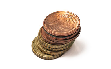 stack of euro coins isolated on white. Concept of poverty,  inflation, rising prices, cashback