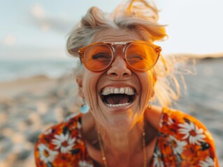 Wall Mural - A woman in sunglasses laughs joyfully. AI.