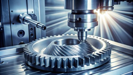 Modern CNC milling machine creating a large cogwheel, manufacturing, technology, industry, automation