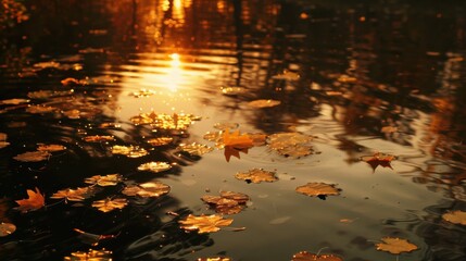 Poster - A pond with calm, rippling water reflects the setting sun, creating a warm, golden glow. Scattered across the surface are numerous fallen leaves, their colors ranging from bright yellow to deep orange