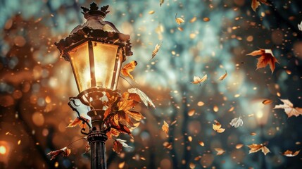 Poster - A street lamp glows brightly in a city park, casting a warm light against a background of trees. Autumn leaves are falling around the lamp, creating a beautiful and evocative scene. The air is filled 