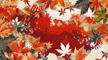 Poster - This image features a vibrant and artistic depiction of autumnal foliage. The background is a bold, red watercolor wash with hints of gold and white. It evokes the feeling of a lush forest in the mids