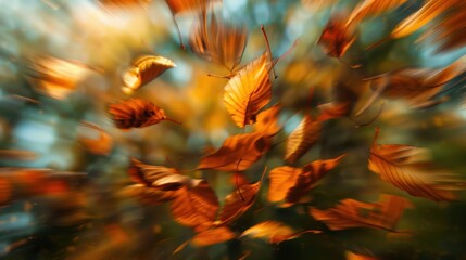 Poster - A close-up view of a tree with orange and yellow leaves swirling and dancing in the breeze on a bright sunny day. The leaves are illuminated by the warm sunlight, creating a vibrant and colorful scene