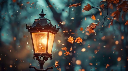 Poster - A lit street lamp stands tall in the middle of a forest, casting a warm glow against the backdrop of falling autumn leaves. The leaves are scattered throughout the scene, creating a picturesque and en