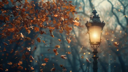 Poster - A glowing streetlight stands tall amidst a forest of trees, its light illuminating the falling autumn leaves. The leaves, in hues of orange and brown, dance gracefully in the soft breeze, creating a m