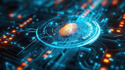 Poster - a close-up of a digital fingerprint scanner on a futuristic, glowing circuit board. the scanner is g