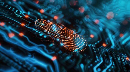 Poster - a close-up image of a digital fingerprint scan, glowing orange, on a dark blue circuit board. the ba