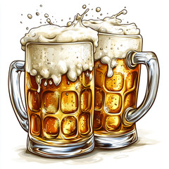 Wall Mural - Two mug with cold fresh golden beer clinking together with splashing out on white background. Craft beer on glass on Oktoberfest, international beer day and St. Patrick's day celebration. Copy space