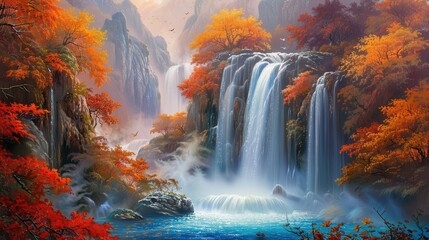 Poster - A majestic waterfall cascades down a rock face in a misty forest setting. The vibrant colors of autumn leaves create a stunning contrast to the cool blue water. The surrounding trees are adorned with 