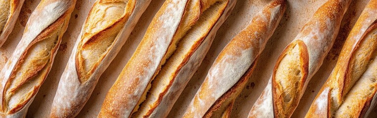 Freshly baked baguettes cooling on a countertop in a bakery kitchen