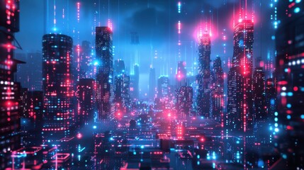 Poster - A digital illustration depicts a futuristic cityscape at night. The tall buildings are illuminated with rows of blue and red lights, creating a vibrant and captivating scene. The buildings are set aga