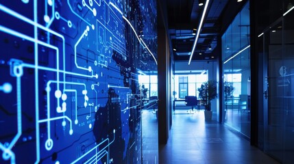 Poster - A modern office hallway features glass walls and doors, with a large wall graphic depicting a blue circuit board. The graphic is illuminated by overhead lights, casting a cool blue glow on the hallway