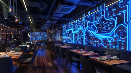 Leinwandbilder - An empty modern restaurant with wooden tables and chairs sits illuminated by a blue light emanating from a large circuit board wall design. The space features a dark and sleek design.
