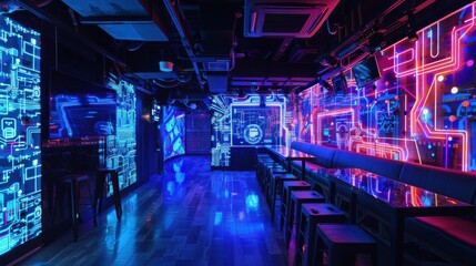 An empty, modern bar with a long, black table and stools is brightly lit by neon pink and blue lights that create a futuristic, digital design on the walls. The bar appears to be in a basement or unde