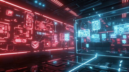 Fototapete - An empty futuristic security room with red and blue neon lights, digital displays, and a large translucent screen displaying data.