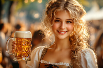 Wall Mural - Girl holding mug with cold fresh golden beer on beer garden pub. Alps mountain on background. Craft beer on glass on Oktoberfest, international beer day and St. Patrick's day celebration. Copy space