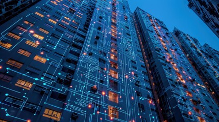 Poster - A tall residential building is shown at night, illuminated with glowing blue circuitry lines that resemble a network. The building has many windows, some of which are lit with warm light.