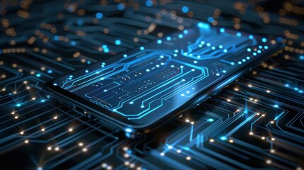 Fototapete - A smartphone lies on top of a glowing circuit board, with blue lines and dots illuminating the surface. The phone's screen also displays a similar circuit pattern, connecting the two devices.