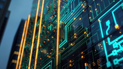 Poster - A close-up shot of a building's exterior that is designed to resemble a digital circuit board, with glowing green and orange lines running vertically and horizontally. The building is illuminated at n