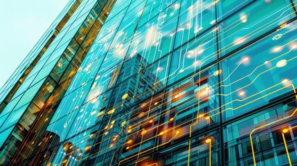 Wall Mural - A modern city building with glass windows, reflecting a circuit board pattern. The building is tall and sleek, with a blue glass facade. The circuit board pattern is visible on the windows, and it app