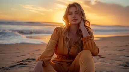 Canvas Print - A portrait of a stunning woman wearing swingsuits chilling on the beach at sunset. 