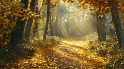 Aufkleber - A narrow path winds through a dense forest, lined with trees whose leaves have turned a brilliant yellow. Sunlight streams through the canopy, casting long shadows on the fallen leaves that carpet the