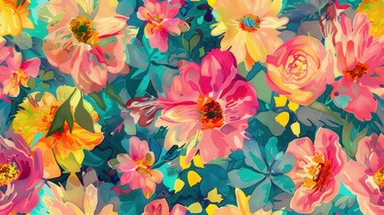Poster - A vibrant watercolor floral pattern features pink and yellow flowers with green leaves on a dark blue background. The flowers are painted in a loose and abstract style, giving the pattern a whimsical 