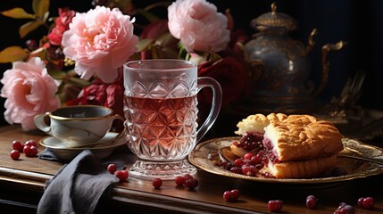 Wall Mural - Comforting Dessert Scene with Pie and Hot Mug of Tea