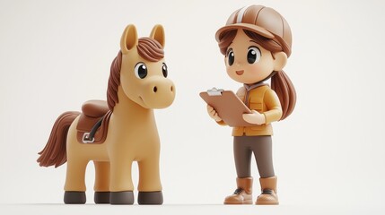 240801 94. Adorable clay experienced trainer with clipboard, full body, facing front, very small dot black eyes style, instructing rider near clay horse and jump, Earth Tones, color 3D clay icon,