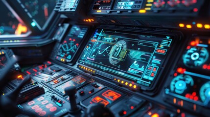 A futuristic spaceship cockpit with a sleek, dark interior. The central focus is a large digital screen displaying various data points and navigation information, surrounded by other smaller screens a