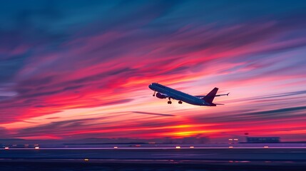 Poster - Airplane takes off during a colorful sunset.