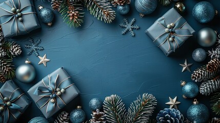 Wall Mural - A blue Christmas background features silver gift boxes, baubles, and star decorations, framed for a top view flat lay.