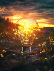 Poster - illuminating sunrise 3d rendered lightbulb symbolizing emerging ideas and growth