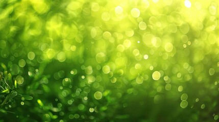 Poster - Sunlight filters through a thick canopy of green leaves, creating a blurry background with bright, round bokeh shapes. The light is soft and warm, casting a gentle glow on the foliage.